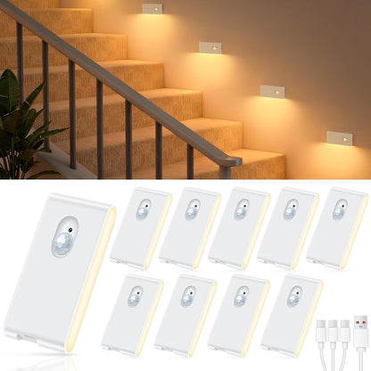 Stair Lights Indoor, Warm White Rechargeable Night Light, Wireless Motion Sensor Light Indoor for Stairs, Hallway, Stairway, Bathroom, Bedroom, Kitchen, 10 Pack