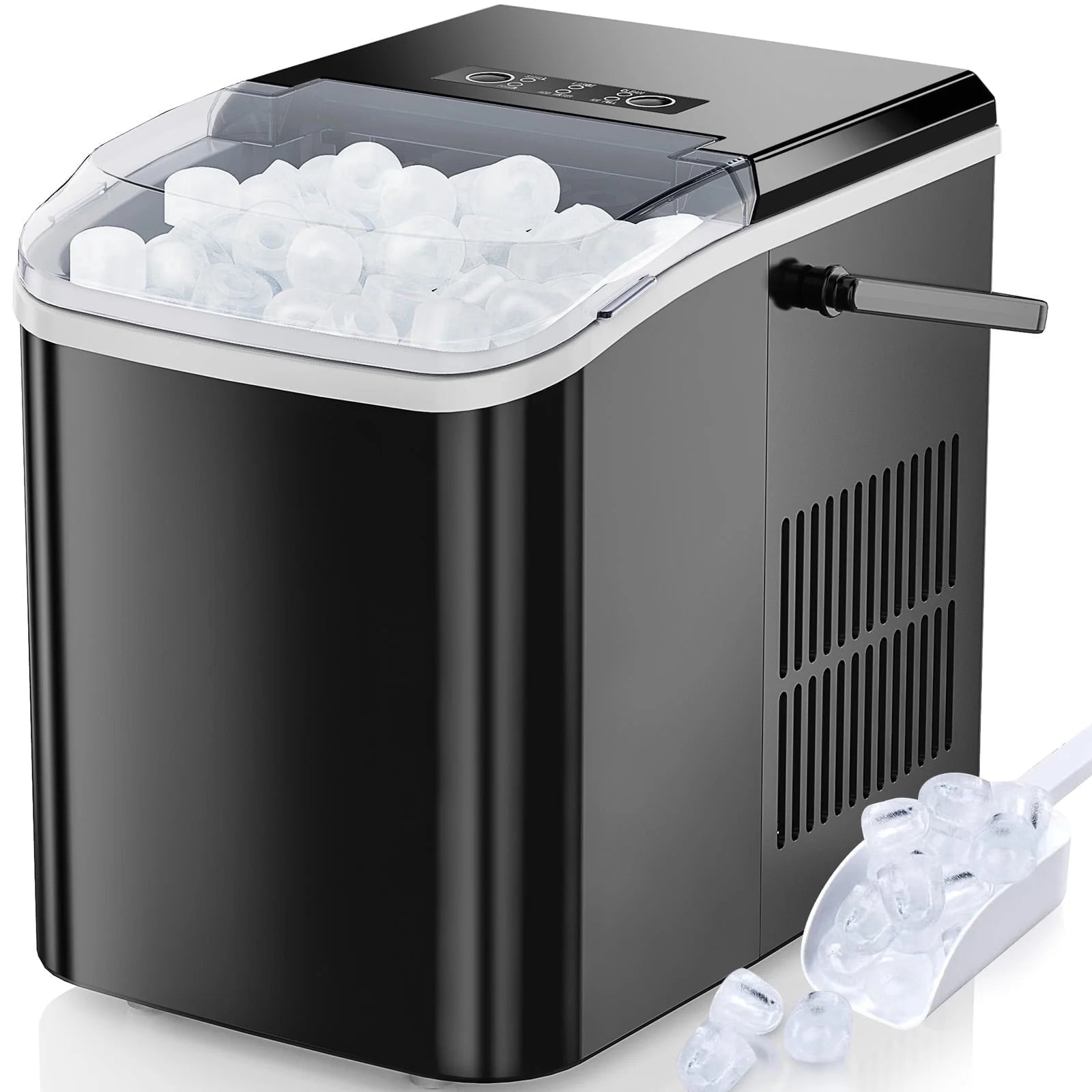 Countertop Ice Maker, Self-Cleaning Portable Ice Maker Machine with Handle and Ice Scoop 9Pcs/6Min 26.5Lbs/24H Black