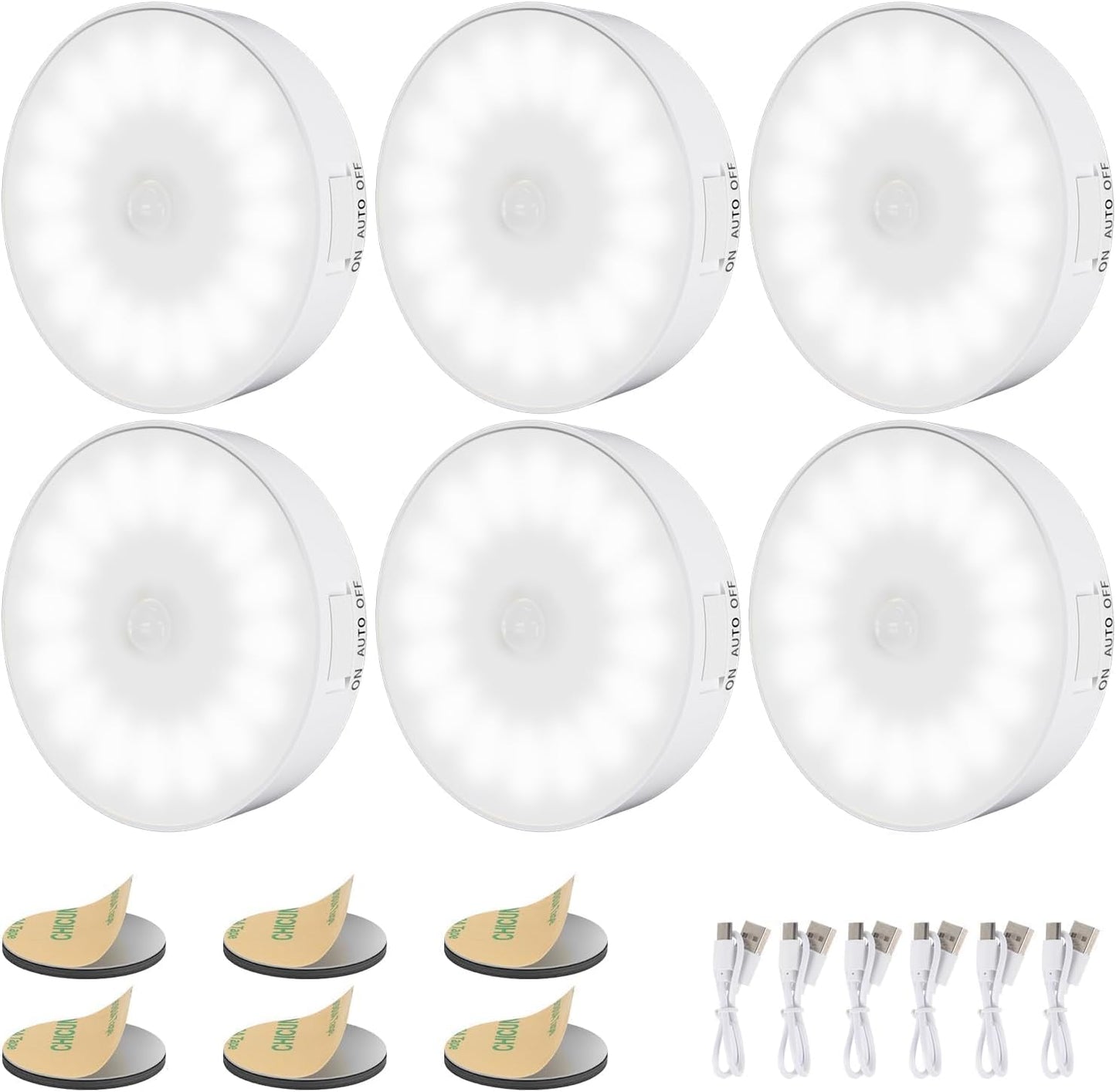 6 Pack Motion Sensor Light Indoor [Upgraded 14 Leds], USB Rechargeable Night Light, Long Last Battery & 3 Light Modes, Wireless Magnetic Nightlight for Closet, Stairs, Hallway - Cold White