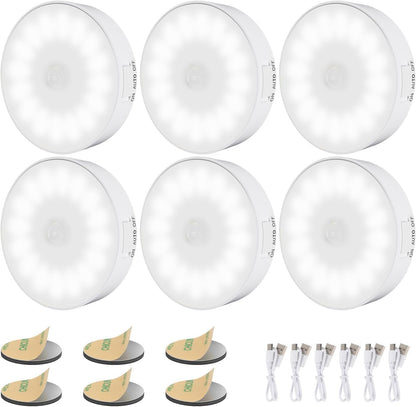 6 Pack Motion Sensor Light Indoor [Upgraded 14 Leds], USB Rechargeable Night Light, Long Last Battery & 3 Light Modes, Wireless Magnetic Nightlight for Closet, Stairs, Hallway - Cold White