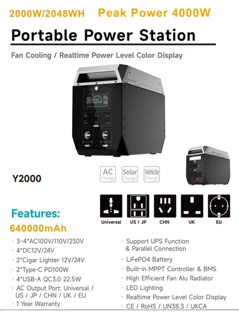 2000W 2048WH Portable Power Station Camping Lifepo4 Battery 1800W 1000W 600W Solar Generator Backup AC 220V for Home Outdoor RV