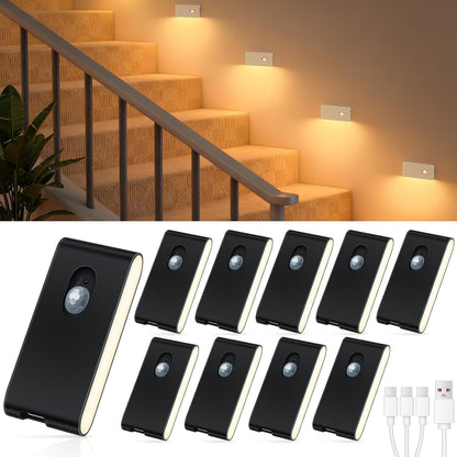 Stair Lights Indoor, Warm White Rechargeable Night Light, Wireless Motion Sensor Light Indoor for Stairs, Hallway, Stairway, Bathroom, Bedroom, Kitchen, 10 Pack