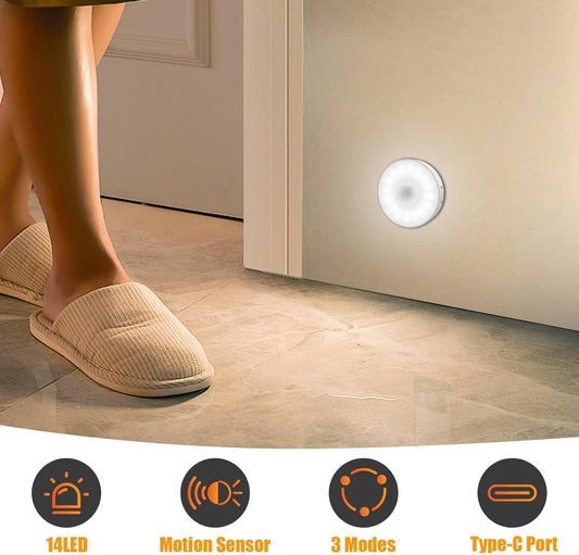 6 Pack Motion Sensor Light Indoor [Upgraded 14 Leds], USB Rechargeable Night Light, Long Last Battery & 3 Light Modes, Wireless Magnetic Nightlight for Closet, Stairs, Hallway - Cold White