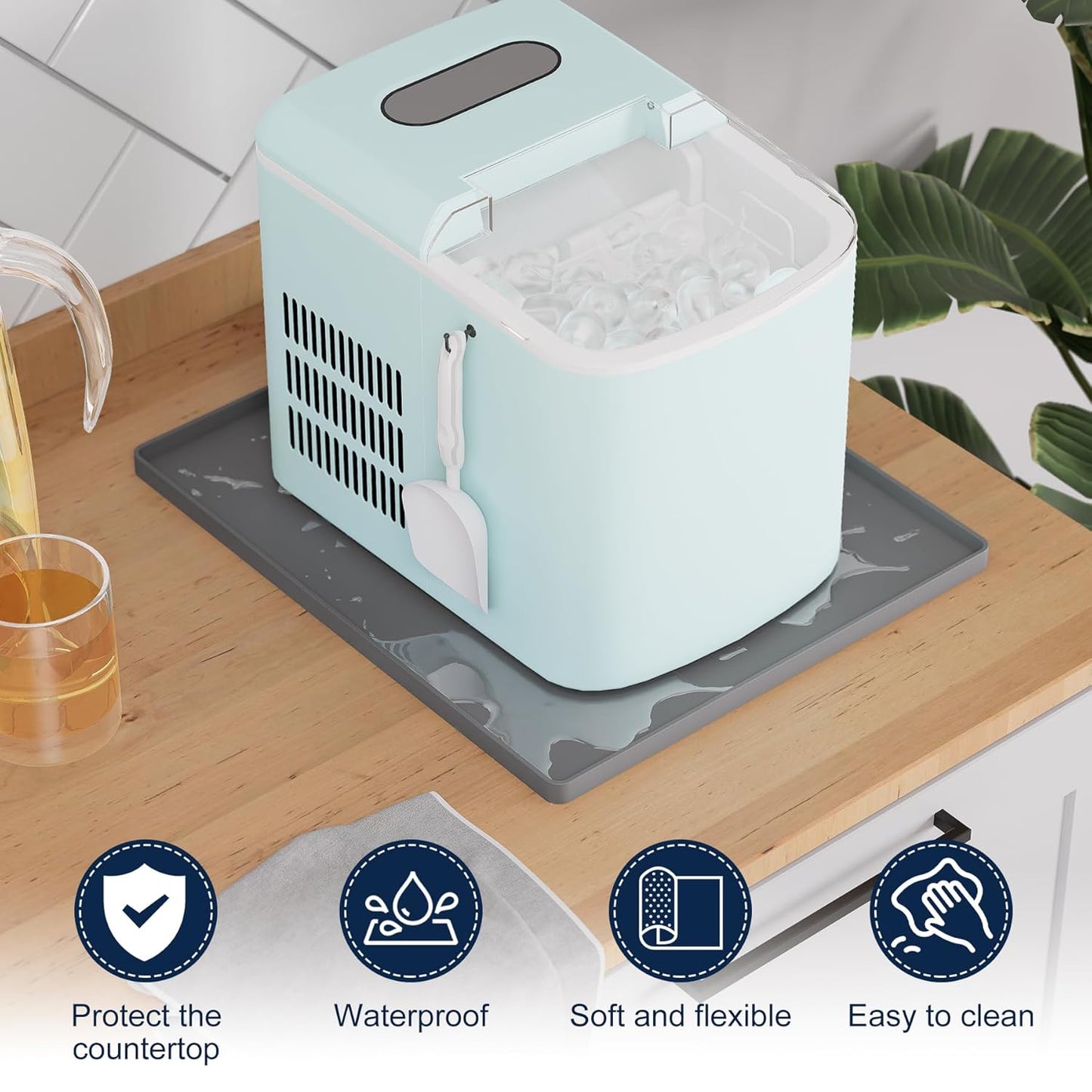 Ice Maker Countertop Mat, 12 X 10 Inch Silicone Protective Mat for Portable Mini Counter Top Nugget Ice Maker, Drain Tray for Ice Machine, Waterproof with Raised Edge Prevent Water Leakage