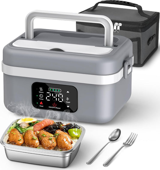 Cordless Electric Lunch Box for Adults, 16000Mah Rechargeable Self-Heating Lunch Box Food Warmer with Timer & Adjustable Heating, 34Oz/1L Container with Insulated Bag for Office Car Outdoor
