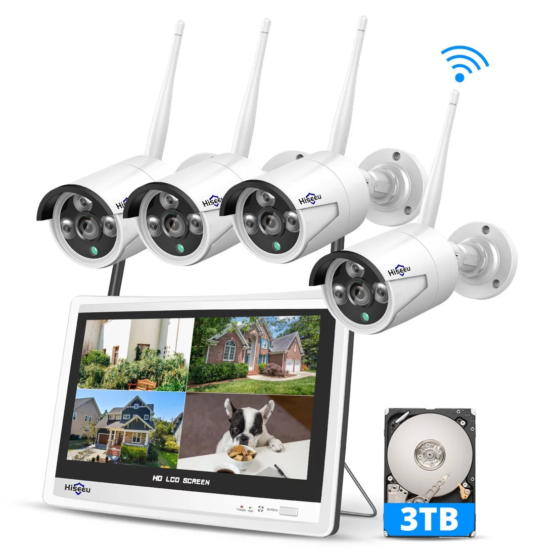 3MP Security Camera System with 12.1" Monitor, 3TB Hard Drive, 4Pcs Security Cameras Wireless Wifi for Recording and Remote View, Home Security Camera System (Supports Only 2.4Ghz Wi-Fi)