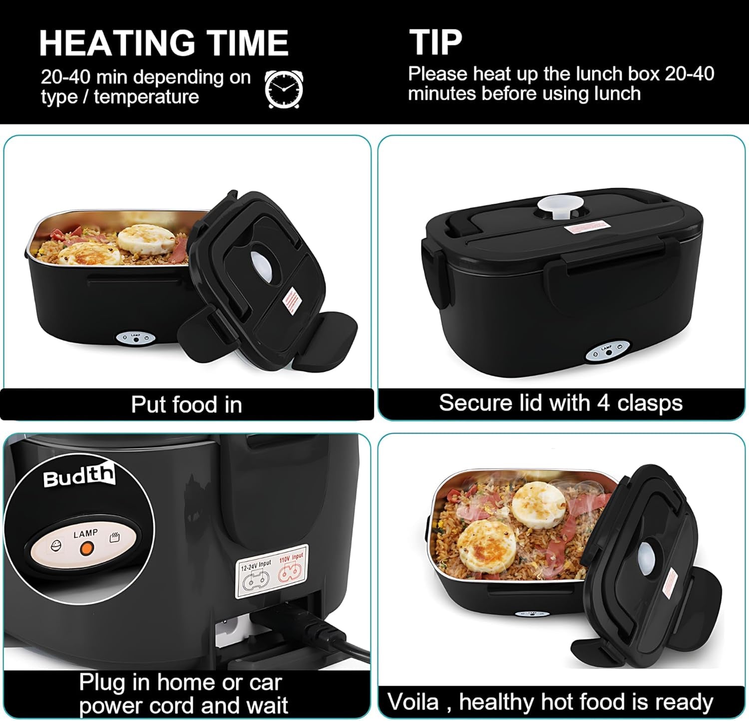 Electric Lunch Box, Portable Food Warmer for Car, Truck, Office, 12V 24V 110V Adapter, Leak Proof, 304 Stainless Steel Container, SS Fork & Spoon and Carry Bag (1.5L-Black)