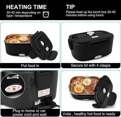 Electric Lunch Box, Portable Food Warmer for Car, Truck, Office, 12V 24V 110V Adapter, Leak Proof, 304 Stainless Steel Container, SS Fork & Spoon and Carry Bag (1.5L-Black)