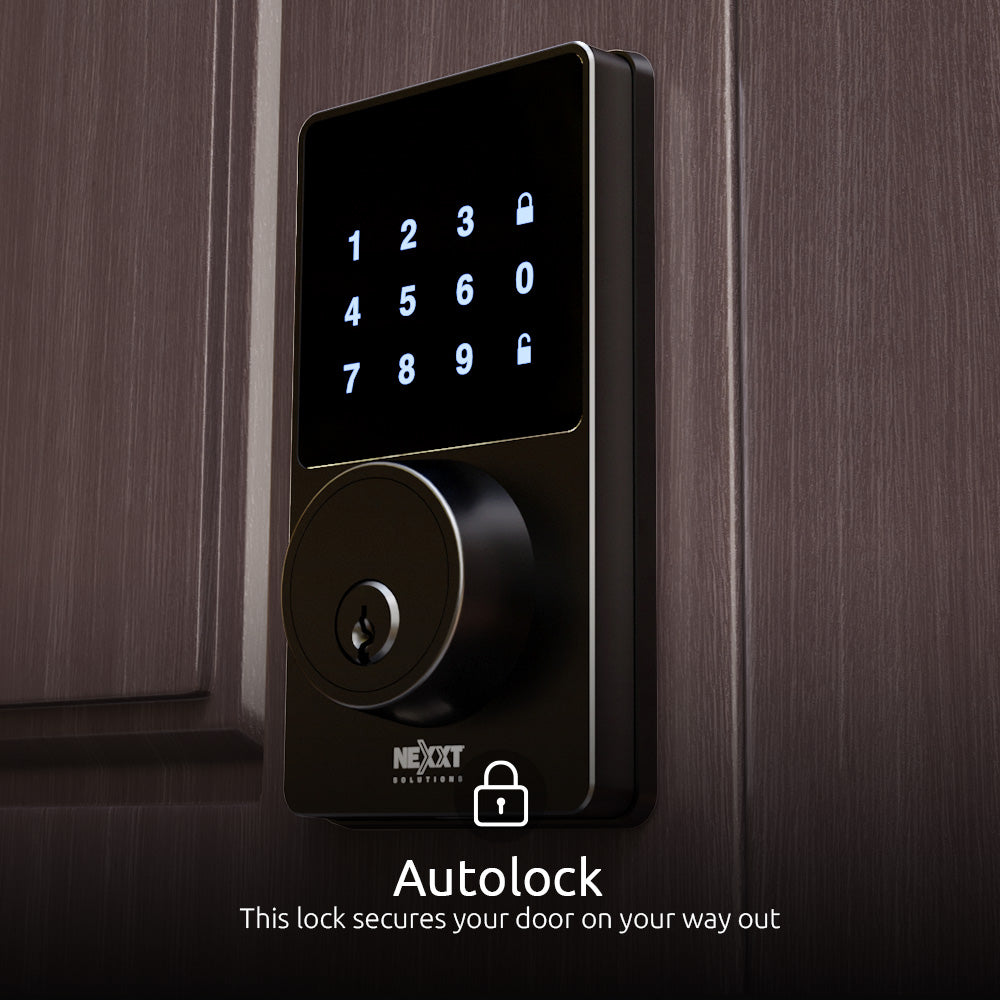 Nexxt NHS-D100 black smart lock installed on door