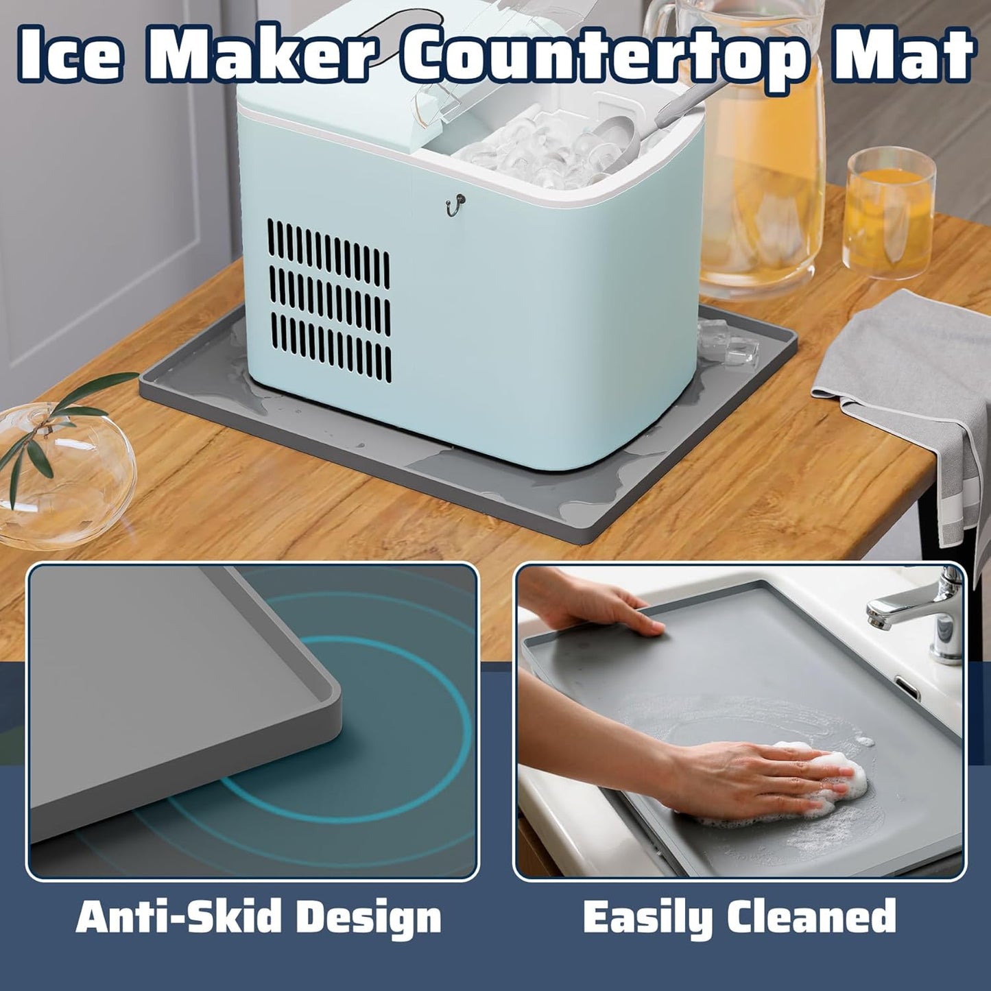 Ice Maker Countertop Mat, 12 X 10 Inch Silicone Protective Mat for Portable Mini Counter Top Nugget Ice Maker, Drain Tray for Ice Machine, Waterproof with Raised Edge Prevent Water Leakage