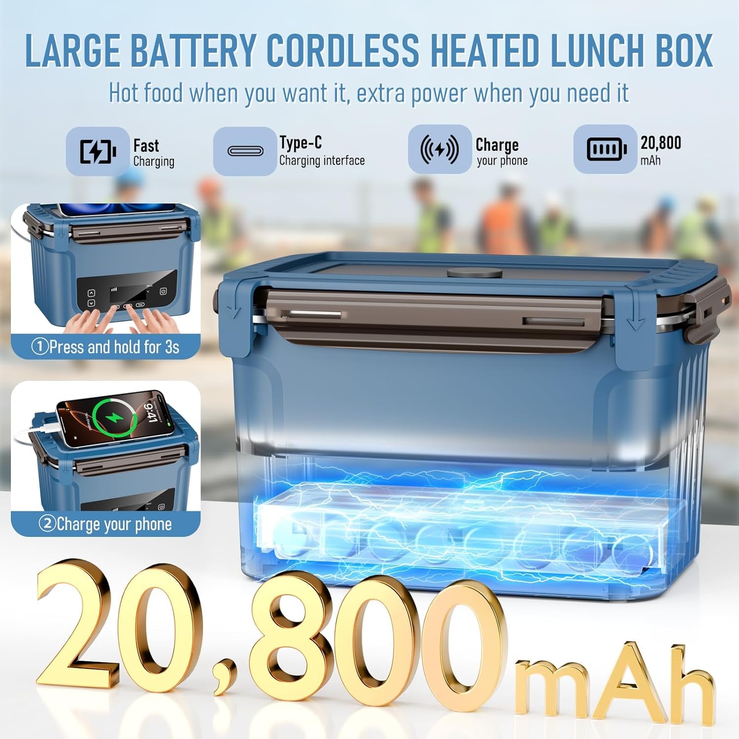 2026 Upgraded Cordless Electric Lunch Box for Adults, 20,800Mah Battery-Powered Heated Lunch Box 6.3 Cup Self-Heating Lunch Box for Construction, Office & Truck