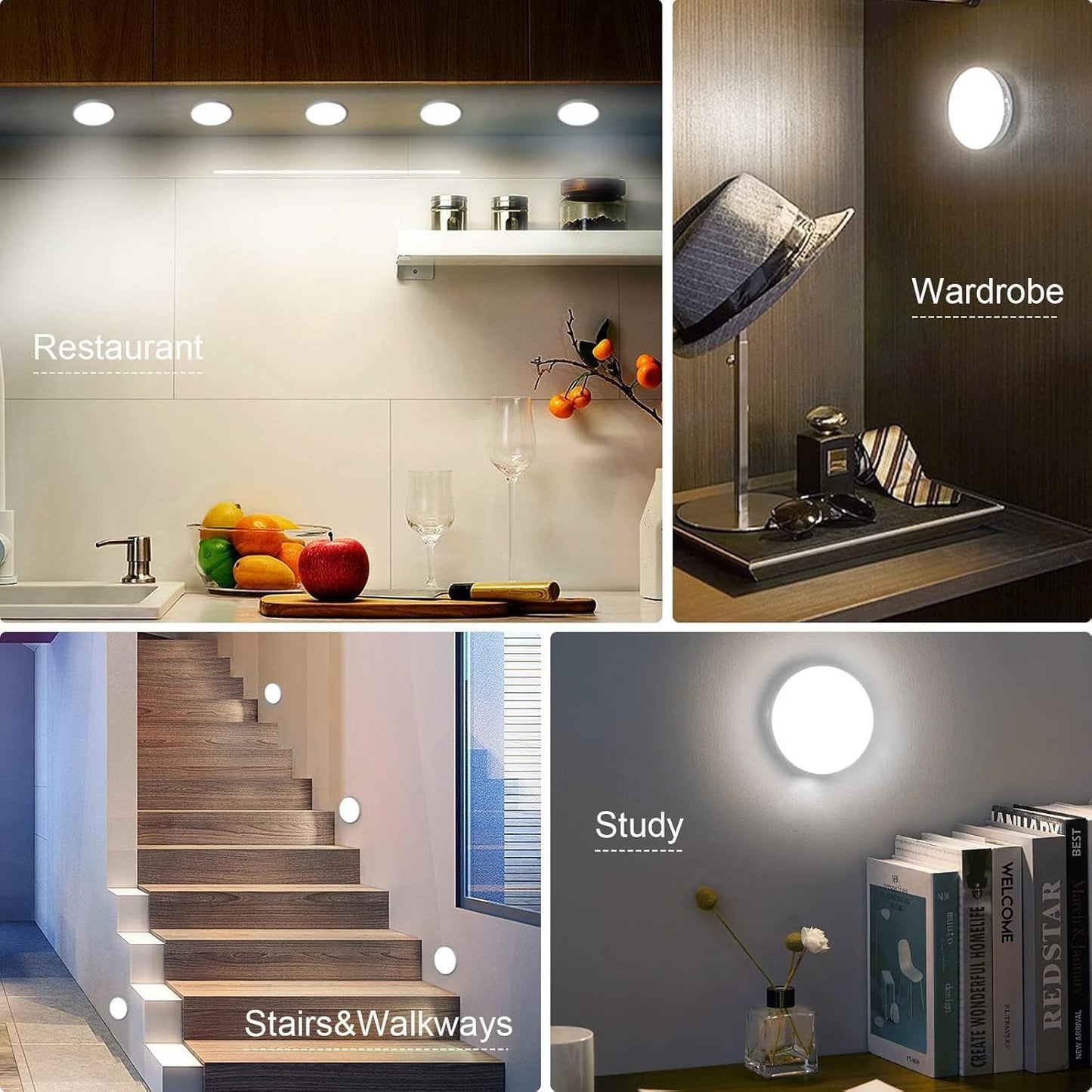 6 Pack Motion Sensor Light Indoor [Upgraded 14 Leds], USB Rechargeable Night Light, Long Last Battery & 3 Light Modes, Wireless Magnetic Nightlight for Closet, Stairs, Hallway - Cold White