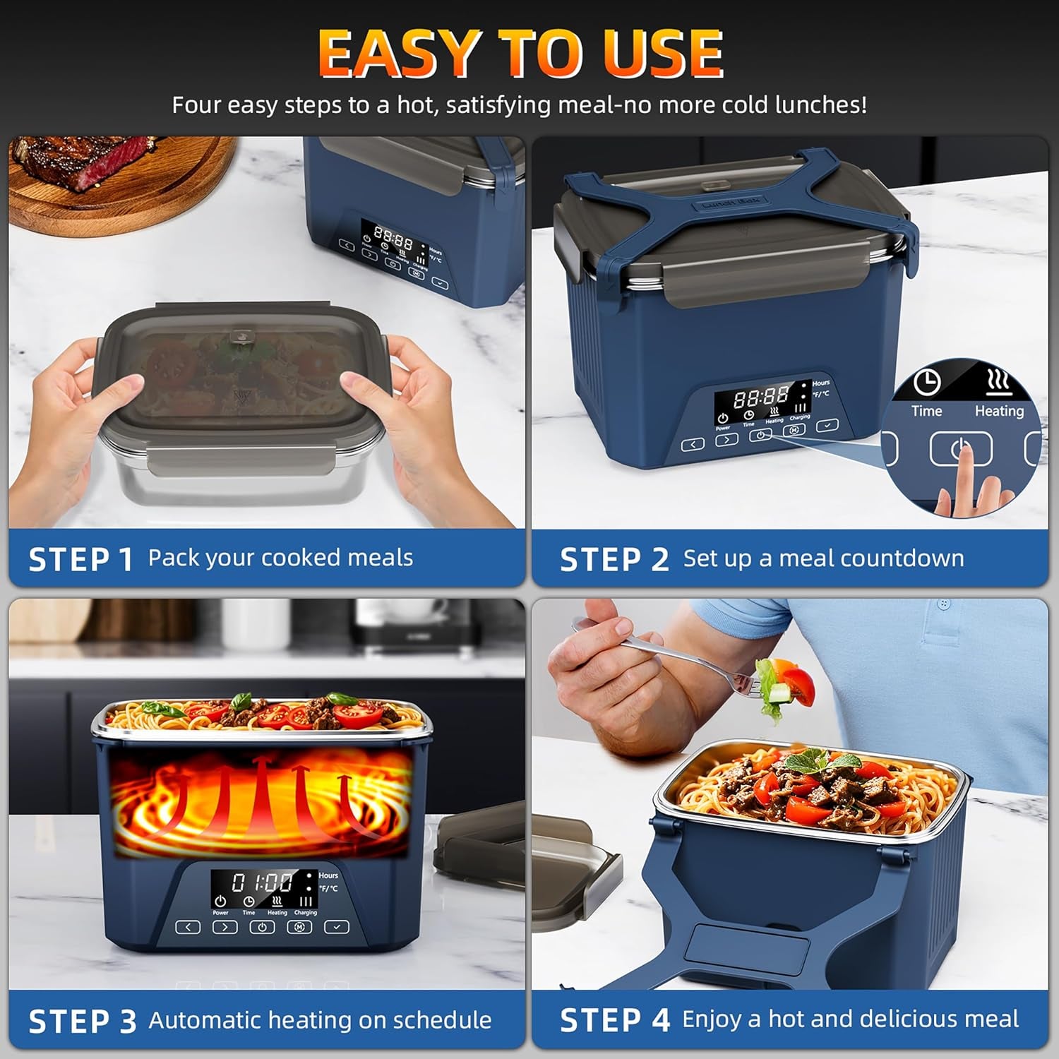 Cordless Electric Lunch Box, 1.2L Self Heating Lunch Box Battery Powered with Automatic Heating, BPA Free, Meal Prep Friendly, Portable Food Warmer for Work, Construction, Truck & Travel (Blue)