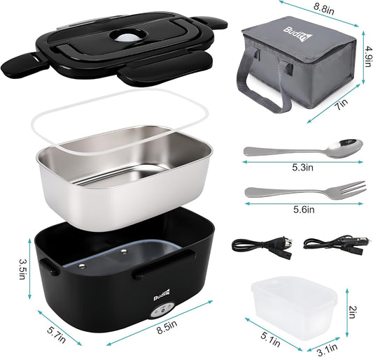Electric Lunch Box, Portable Food Warmer for Car, Truck, Office, 12V 24V 110V Adapter, Leak Proof, 304 Stainless Steel Container, SS Fork & Spoon and Carry Bag (1.5L-Black)