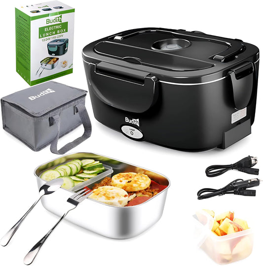 Electric Lunch Box, Portable Food Warmer for Car, Truck, Office, 12V 24V 110V Adapter, Leak Proof, 304 Stainless Steel Container, SS Fork & Spoon and Carry Bag (1.5L-Black)