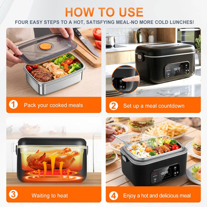 Cordless Heated Electric Lunch Box, 24000Mah Portable Food Warmer, 1.3L Stainless Steel Food Container, 5-Side 3D Heating, Auto Scheduled Heating, Self Heating Lunch Box for Truckers, Offices,Outdoors