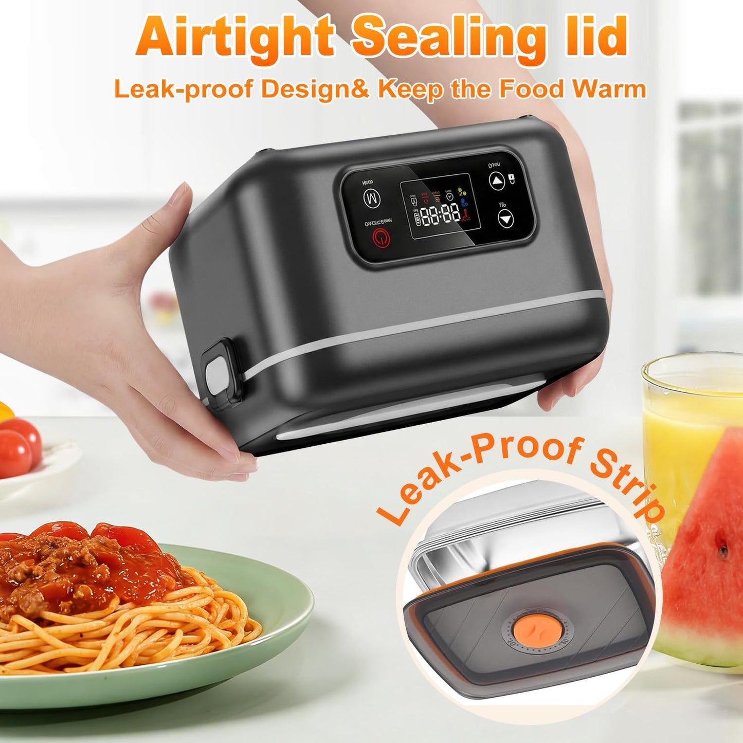 Cordless Heated Electric Lunch Box, 24000Mah Portable Food Warmer, 1.3L Stainless Steel Food Container, 5-Side 3D Heating, Auto Scheduled Heating, Self Heating Lunch Box for Truckers, Offices,Outdoors