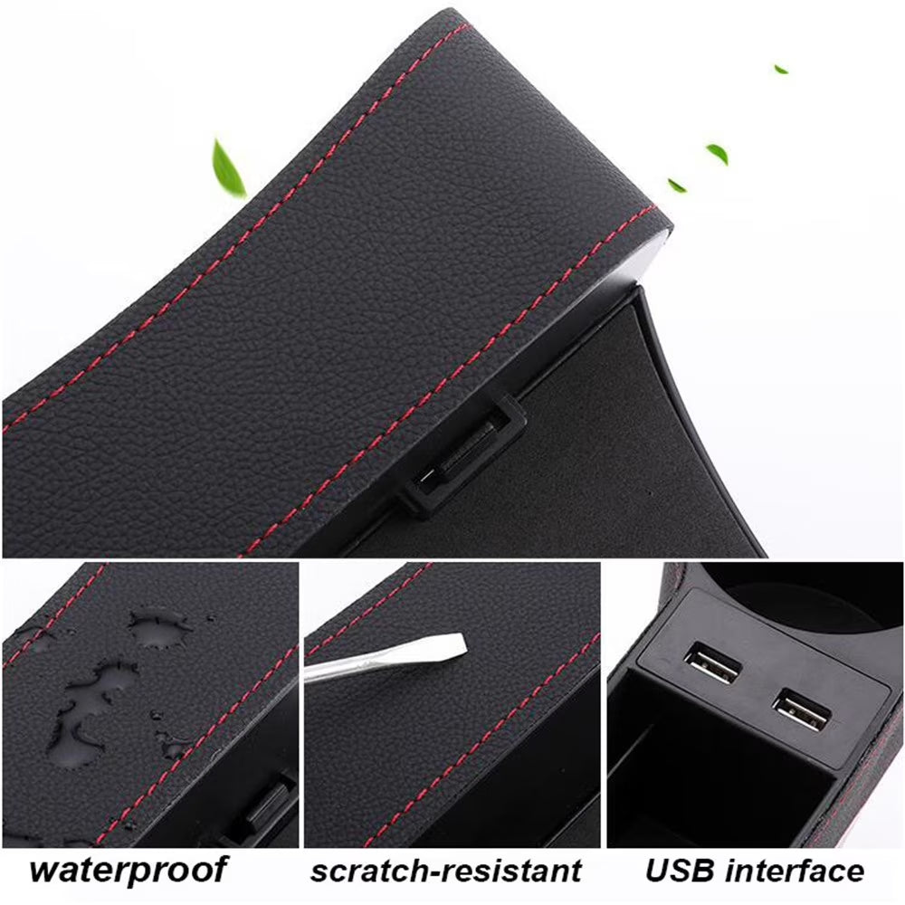 2PCS Car Seat Gap Organizer Rechargeable Dual USB Leather Storage Box Cup Holder