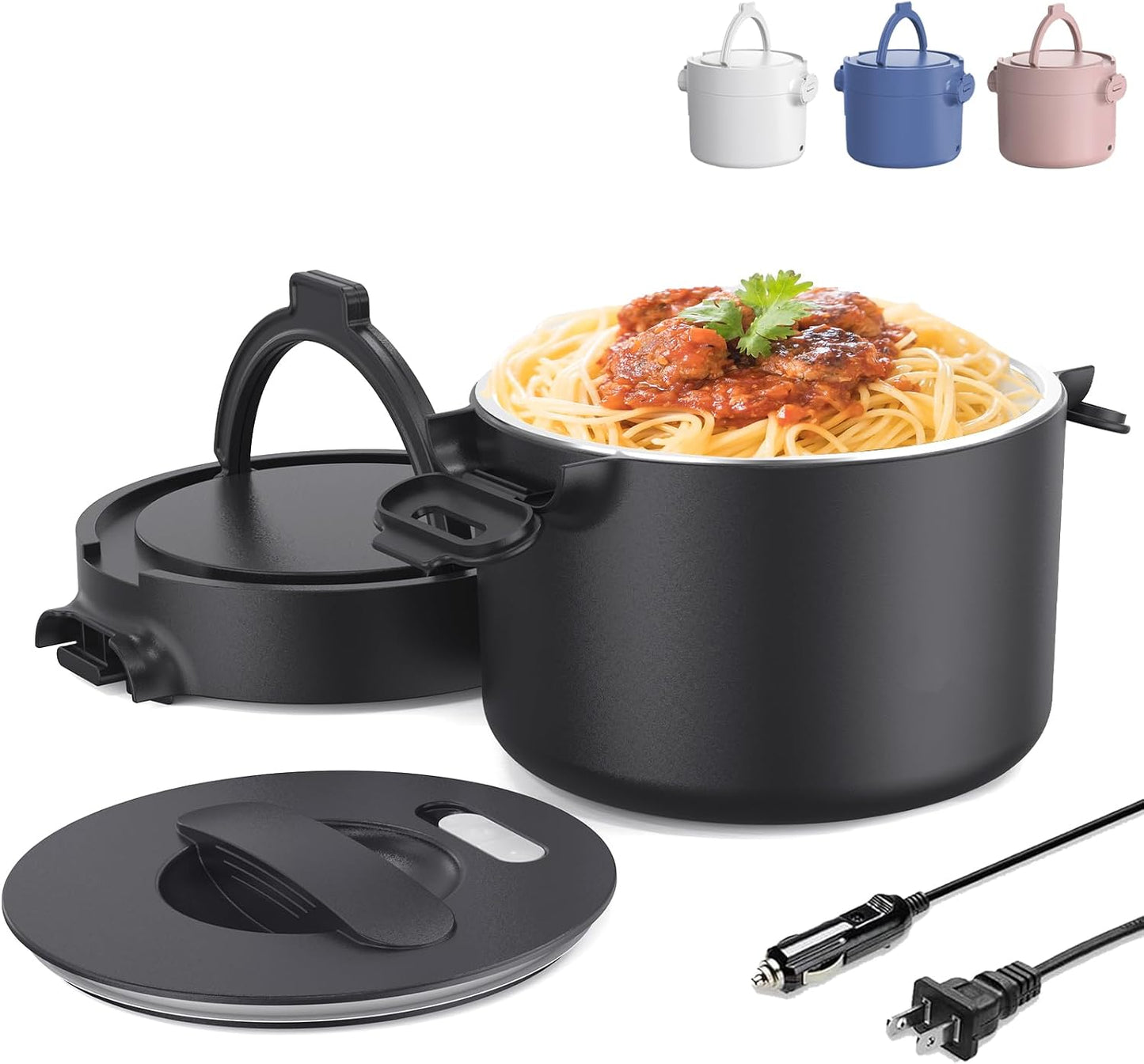 Electric Lunch Box, Portable Food Warmer for Car, Truck, Office, 12V 24V 110V Adapter, Leak Proof, 304 Stainless Steel Container, SS Fork & Spoon and Carry Bag (1.5L-Black)