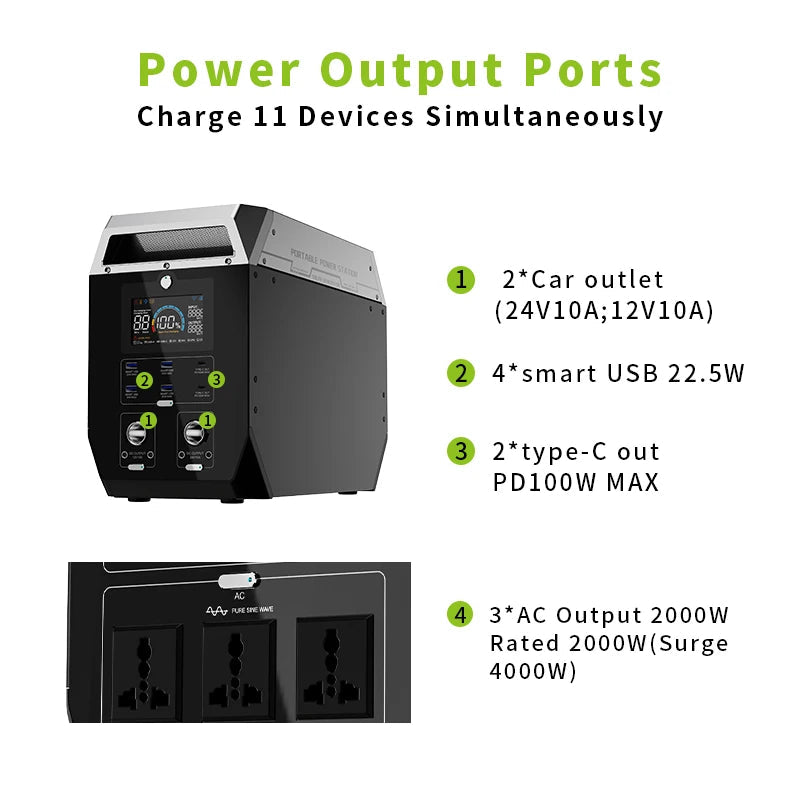2000W 2048WH Portable Power Station Camping Lifepo4 Battery 1800W 1000W 600W Solar Generator Backup AC 220V for Home Outdoor RV