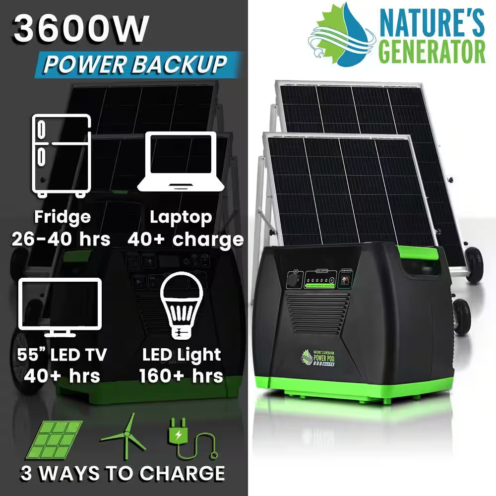 ELITE 3600-Watt/5760W Peak Push Button Start Solar Powered Portable Generator with Four 100W Solar Panels and Power Pod