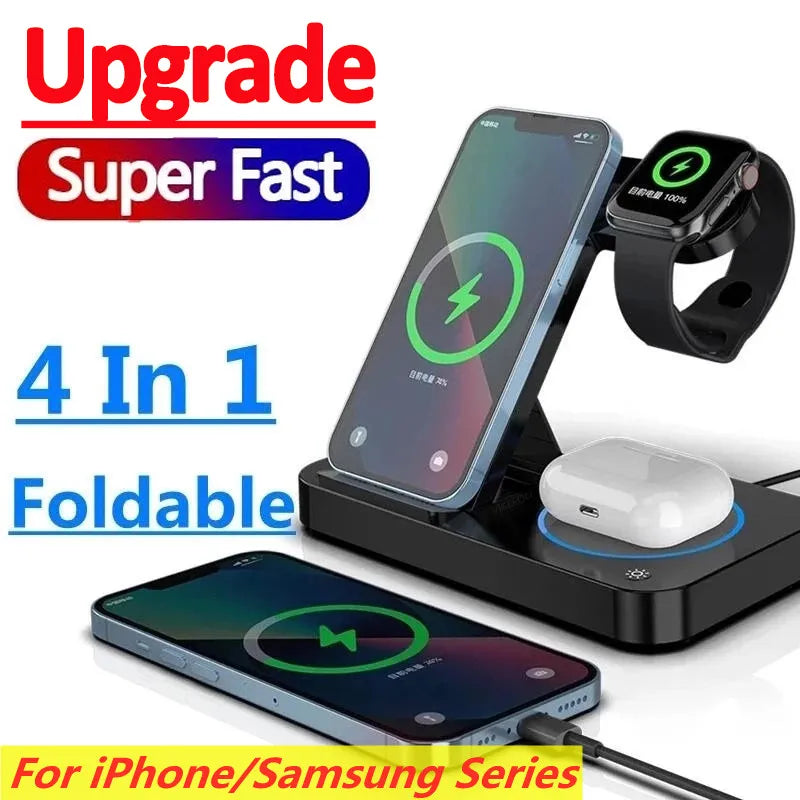 30W 4 in 1 Foldable Wireless Charging Station for Iphone 14 13Pro Apple Watch 7/6 for Samsung Galaxy Watch Chargers 4/3 S22 S21