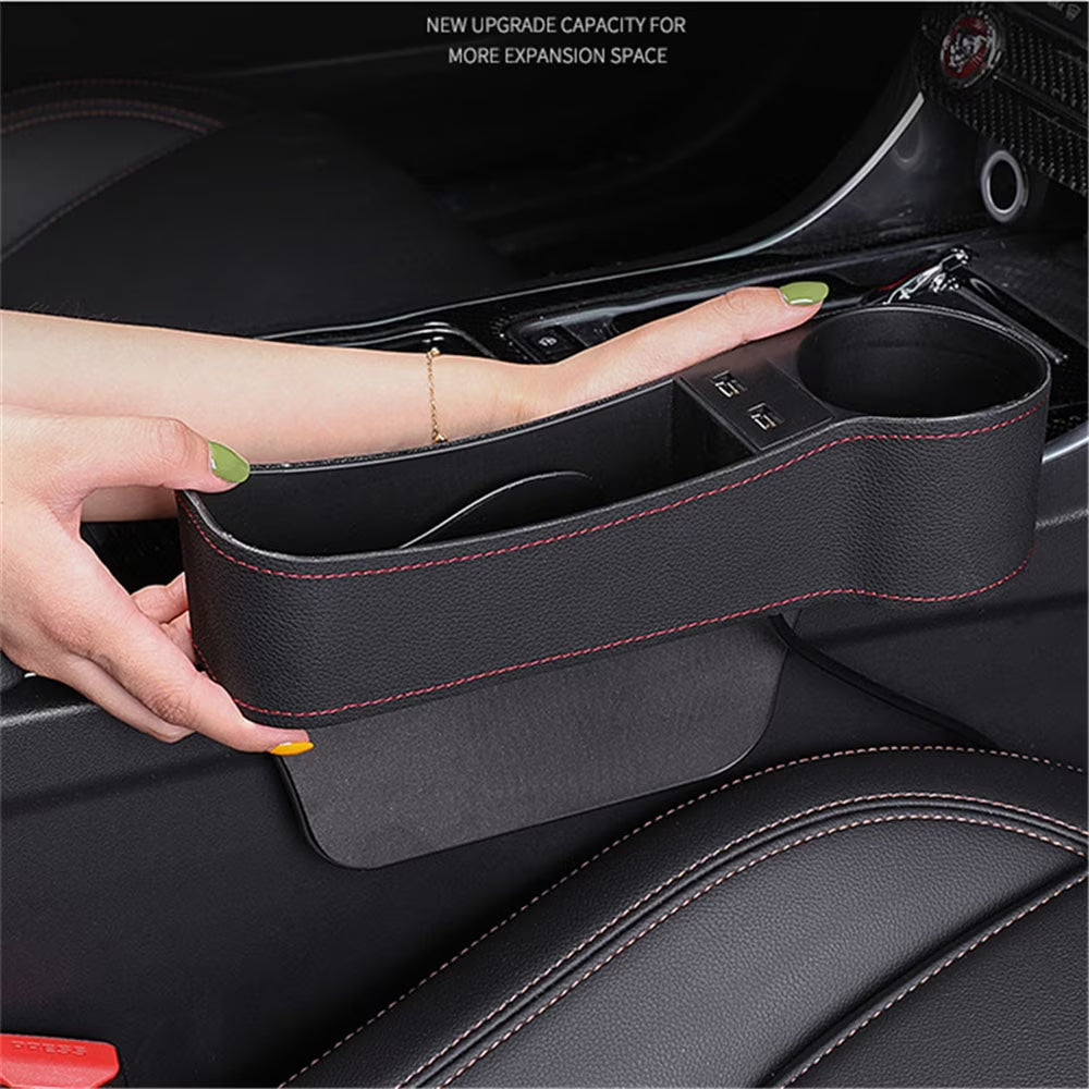 2PCS Car Seat Gap Organizer Rechargeable Dual USB Leather Storage Box Cup Holder