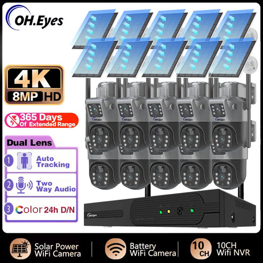 4K PTZ Solar Power Battery Charged Wifi PTZ IP Cameras Kit 8MP 10CH Wireless NVR Kit Auto Tracking CCTV Security Cam System