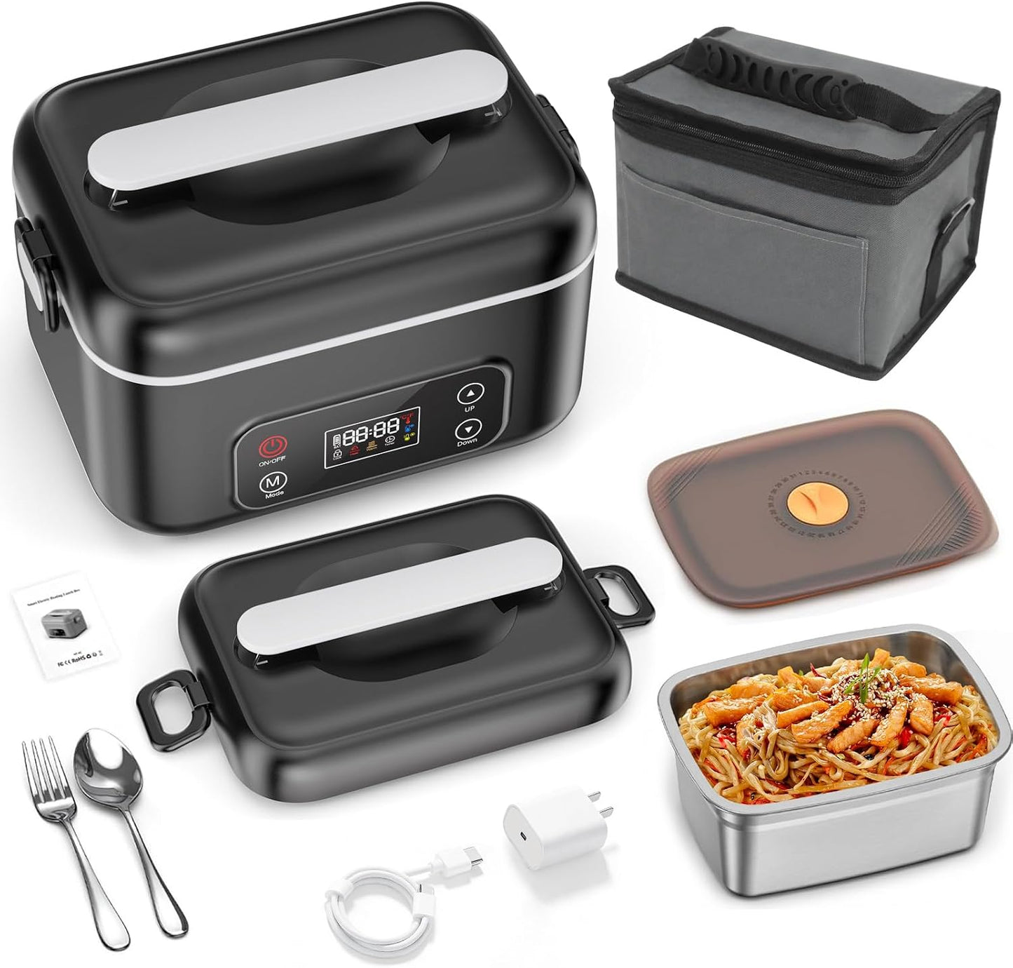 Cordless Heated Electric Lunch Box, 24000Mah Portable Food Warmer, 1.3L Stainless Steel Food Container, 5-Side 3D Heating, Auto Scheduled Heating, Self Heating Lunch Box for Truckers, Offices,Outdoors