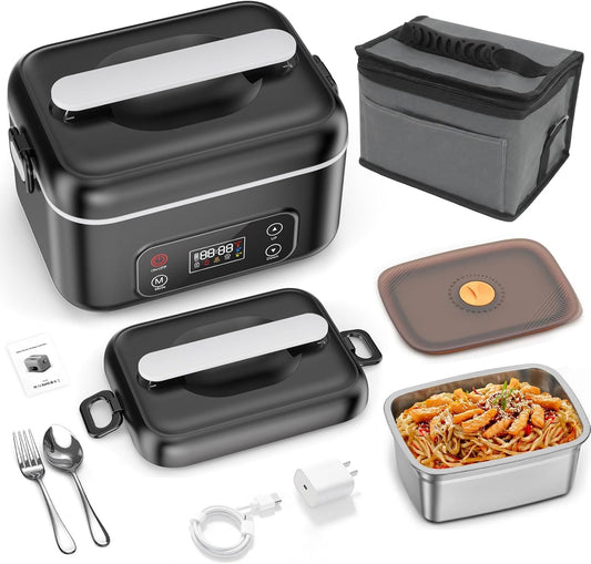 Cordless Heated Electric Lunch Box, 24000Mah Portable Food Warmer, 1.3L Stainless Steel Food Container, 5-Side 3D Heating, Auto Scheduled Heating, Self Heating Lunch Box for Truckers, Offices,Outdoors