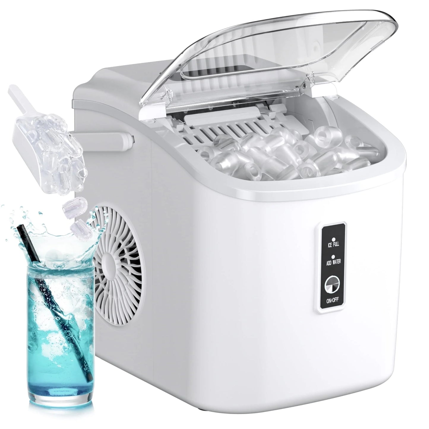 Countertop Ice Maker with Handle,Portable Ice Machine with Basket and Scoop, 9 Bullet Ice in 6 Mins, 26Lbs/24H, Self-Cleaning