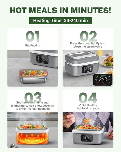 Cordless Electric Lunch Box for Adults, 16000Mah Rechargeable Self-Heating Lunch Box Food Warmer with Timer & Adjustable Heating, 34Oz/1L Container with Insulated Bag for Office Car Outdoor