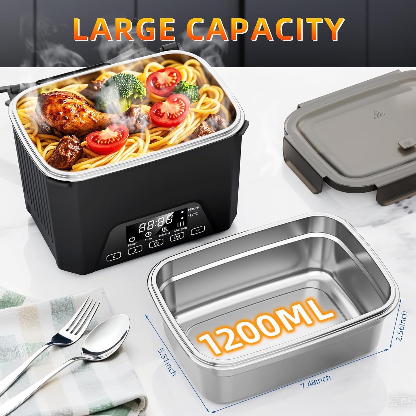 2026 Upgraded Cordless Electric Lunch Box, Heated Lunch Box for Adult, 1.2L Self Heating Lunch Box with Automatic Heating for Office, Construction, Truck and Travel
