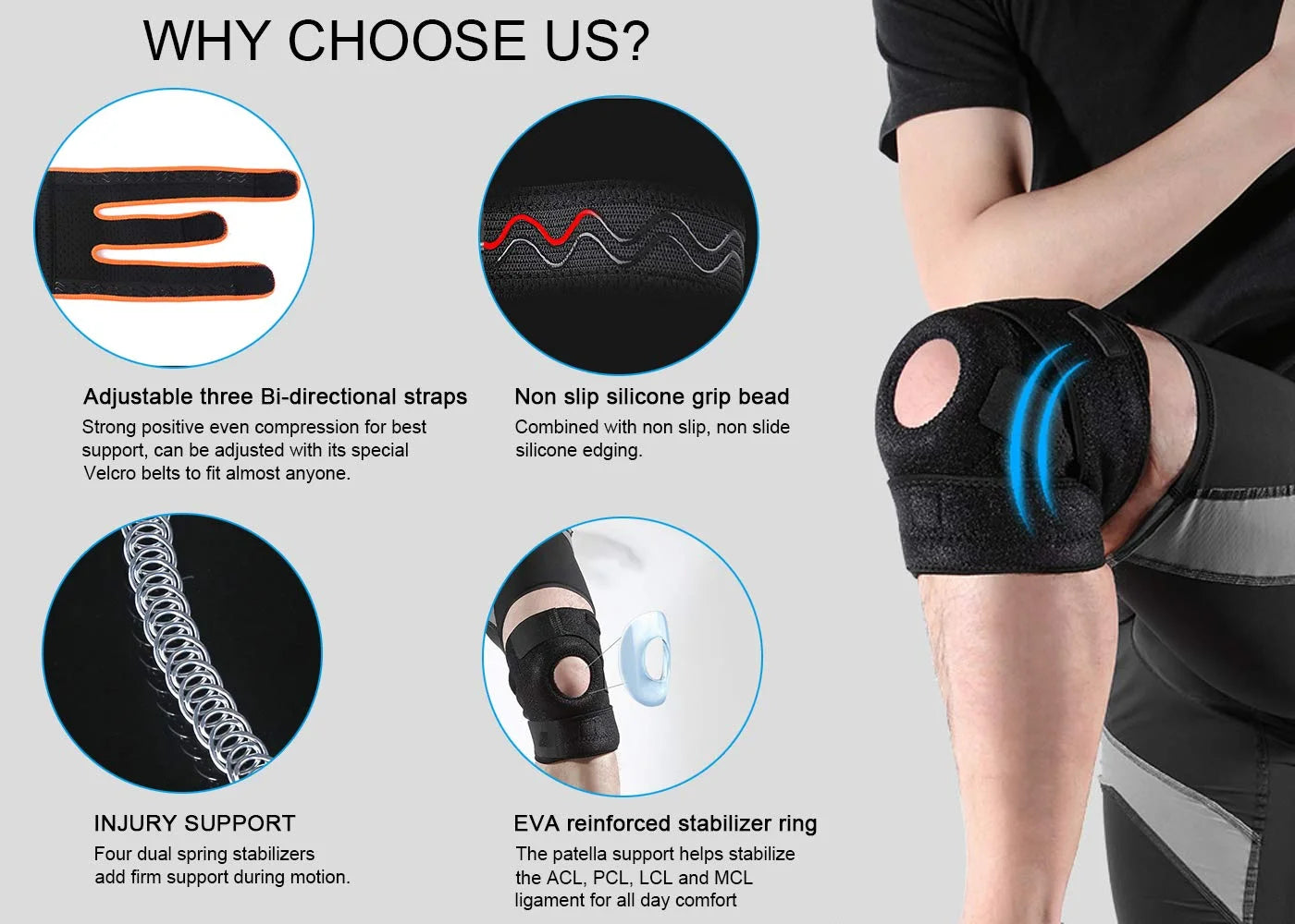 Knee Brace, Relieves ACL, LCL, MCL, Meniscus Tear, Arthritis, Tendonitis Pain. Open Patella Dual Stabilizers Non Slip Comfort Neoprene. Adjustable Bi-Directional Straps (Orange)