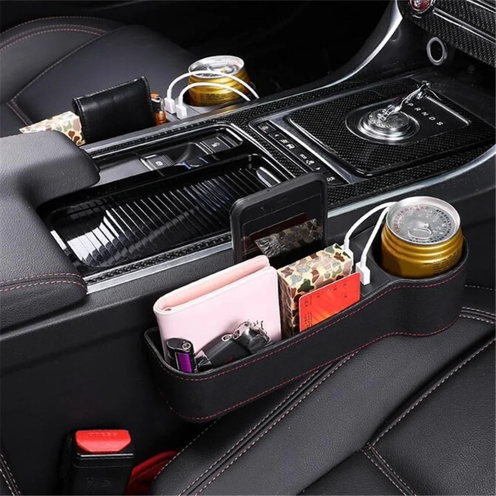 2PCS Car Seat Gap Organizer Rechargeable Dual USB Leather Storage Box Cup Holder