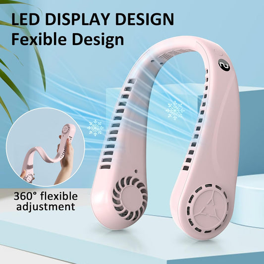 Portable Bladeless Hanging Neck Fans with Screen Display and 5 Speeds Levels, USB Rechargeable, 360° Cooling Wearable Personal Fan for Work Travel Sport Outdoor (Pink)